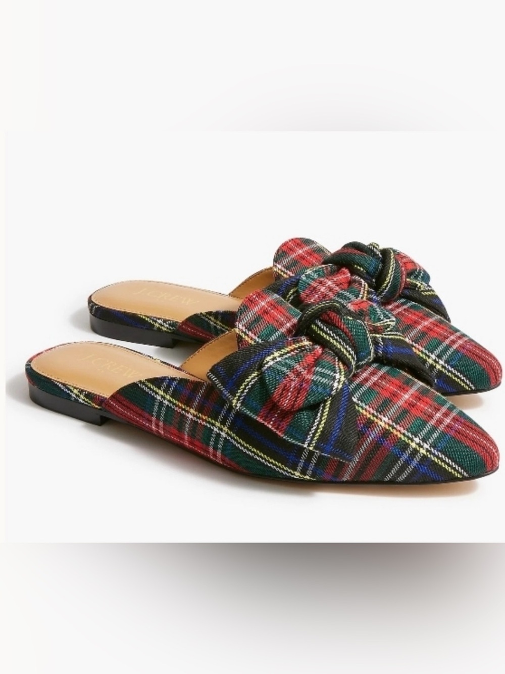 J. Crew Red and Green Plaid Bow Backless Flats Size 7.5
